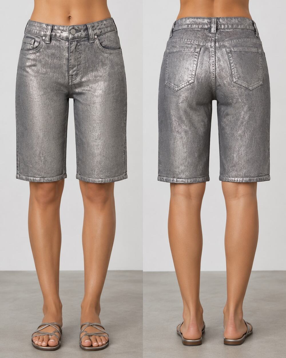 Cache Silver Coated Denim Short Pant Stretch Bermuda City Walking New $98 NWT 0